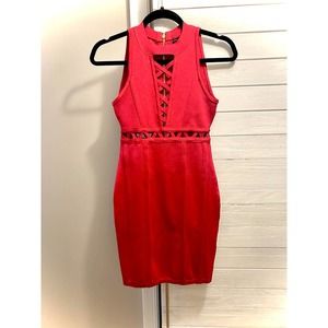 GUESS Red Lace-Up Corset Bodycon Mini Dress XS Gold Zip